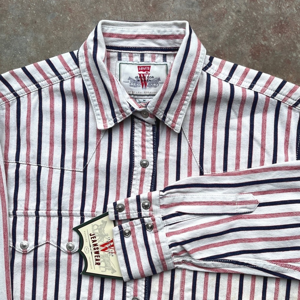 Vintage Levis Womens Striped Western Shirt Red White Blue Snap Button Medium NWT